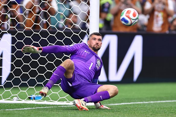Mat Ryan made his first appearance at the World Cup very late in added time. 