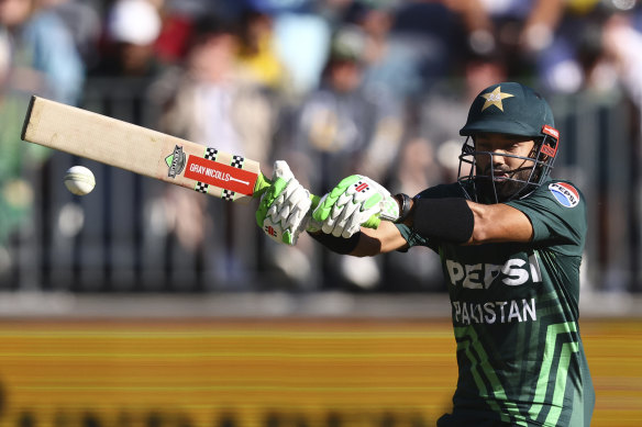 Pakistan’s Mohammad Rizwan bats against Australia. 
