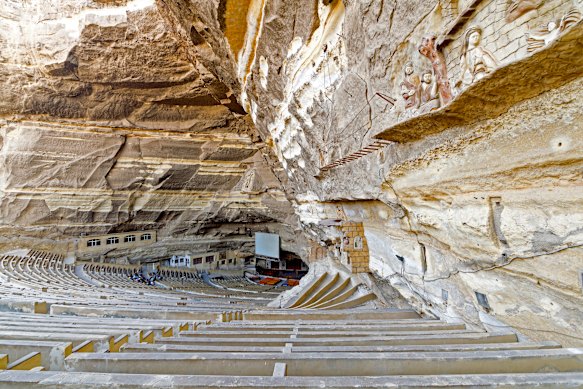 The Virgin Mary and St Simon the Tanner Cathedral. The biggest of seven Churches and Chapels hidden in caves in the Mokattam hills in Saint Samaan The Tanner Monastery,  Egypt.