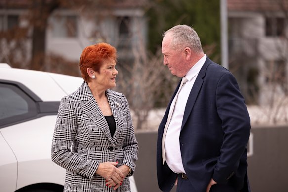 One Nation Leader Senator Pauline Hanson speaks to Barnaby Joyce outside the National Press Club.