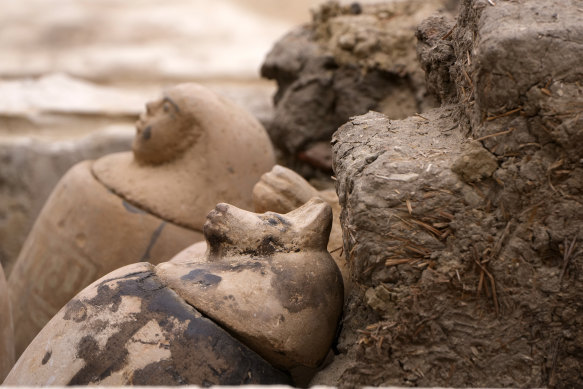 Canopic jars, which were made to contain organs that were removed from the body in the process of mummification, are seen at the site of the Step Pyramid of Djoser in Saqqara.