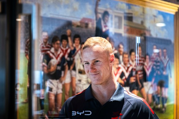 Daly Cherry-Evans, with Roosters greats looking over his shoulder, speaks to the media about why he is leaving at the end of the season.