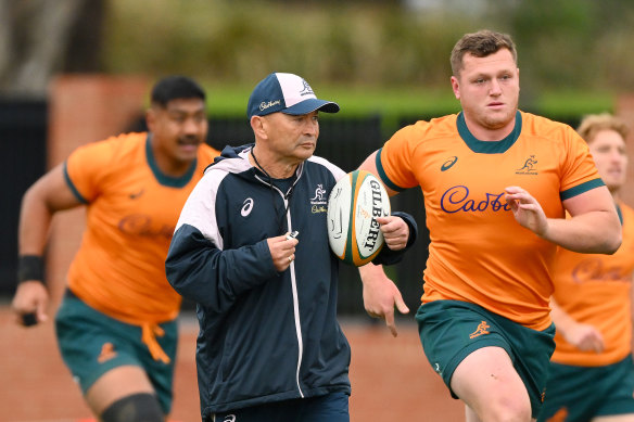 Eddie Jones watches over a Wallabies’ training session in Melbourne on Friday before the Bledisloe Cup.