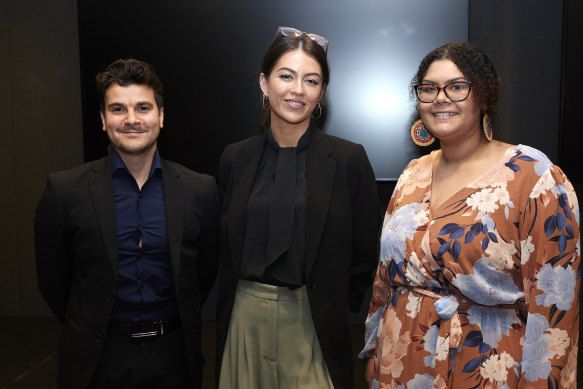 Towards Truth legal research officer Sally Treveton (centre) at the Towards Truth launch, with Towards Truth project co-ordinator Corey Smith (left), and Bridget Cama, UNSW Indigenous Law Centre associate.