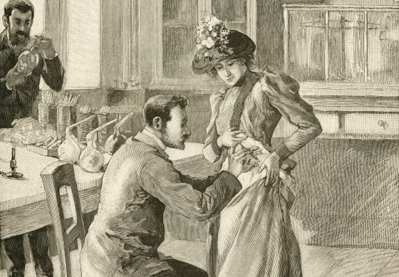 This 1893 engraving shows Waldemar Haffkine (1860-1930)  vaccinating a woman against cholera at the Institut Pasteur in Paris.
