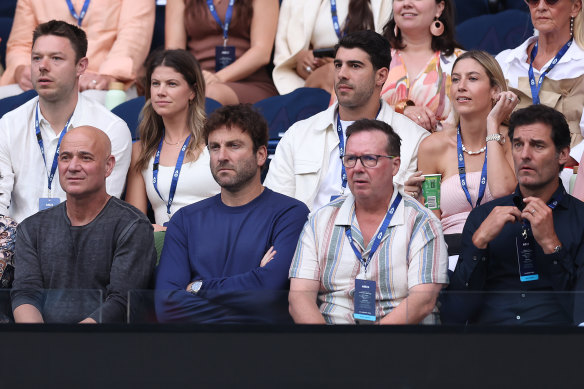 Matthew Dellavedova, Christian Petracca, Andre Agassi and Mark Webber at Novak Djokovic’s round one match against Dino Prizmic.