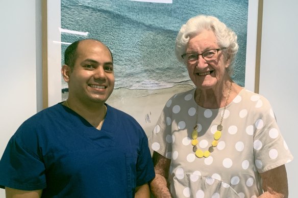 Heather Voevodin (pictured with Greenslopes Private Hospital surgeon Dr Joy Chakraborty) at 95 has become the oldest Australia to undergo robotic assisted surgery.