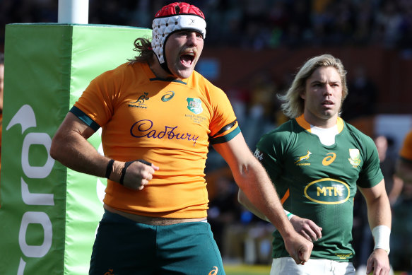 Fraser McReight celebrates one of his two tries against the Springboks.
