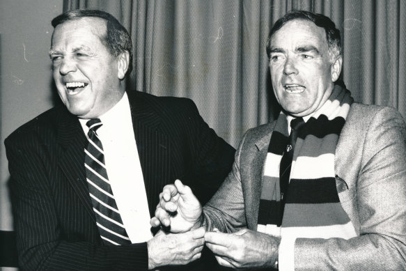 Ted Whitten and Neil Kerley promote a state of origin match in 1989,