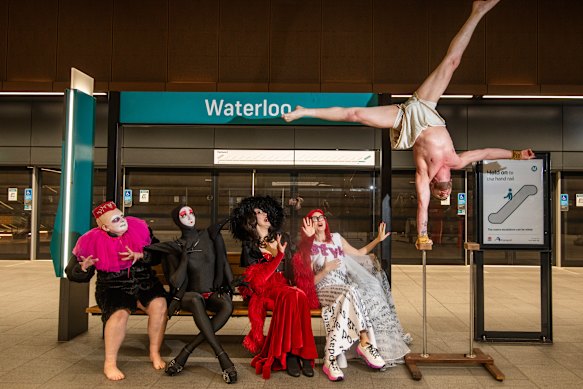 Freidah Will See You Now performers Caitlin Duff, Isabel Knight, Hannah Raven, Glynis Traill-Nash and Thomas Gorham rehearse on the platform at Waterloo Underground station.