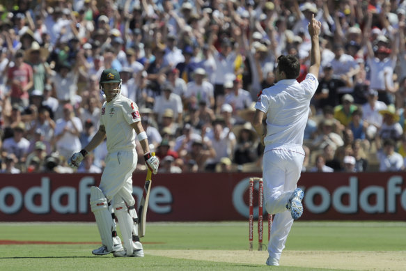 Anderson celebrates the dismissal of Michael Clarke in the same Test.