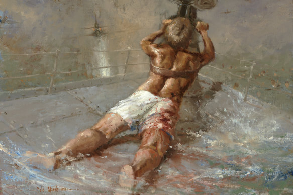 Dale Marsh's painting of Edward "Teddy" Sheean, strapped to an anti-aircraft gun on HMAS Armidale.