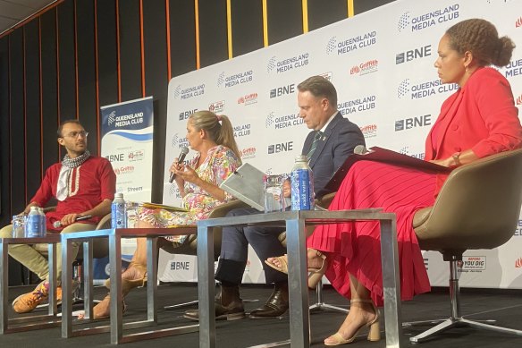 Brisbane’s leading mayoral candidates, from left: the Greens’ Jonathan Sriranganathan, Labor’s Tracey Price, and the incumbent, Adrian Schrinner from the LNP. The moderator for the debate was Marlina Whop from the Seven Network (right).