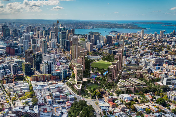 The architects’ vision would create a continuous green spine from Sydney Harbour to the southernmost tip of the CBD. 