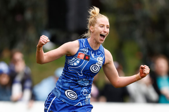 North Melbourne’s Kate Shierlaw celebrates a goal.