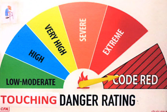 A defaced fire danger rating sign which was displayed at a Pakenham CFA station in 2019. 