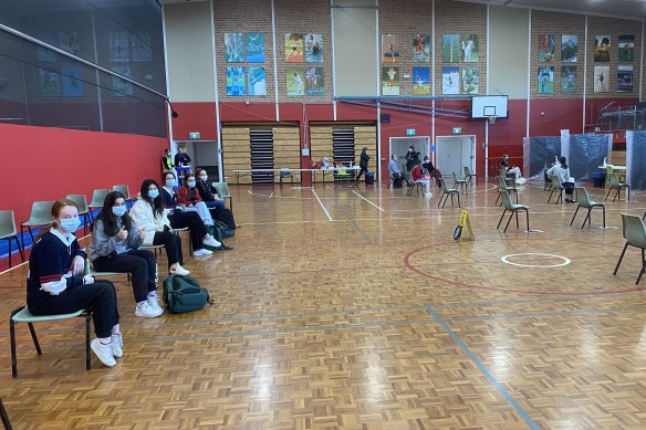 Students undergoing rapid antigen testing at Presbyterian Ladies College.