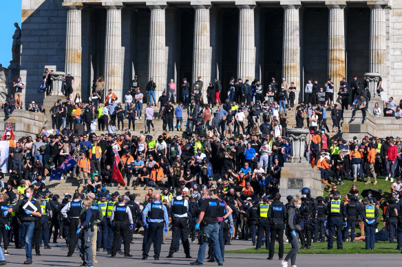 Police and protesters face-off at the Shrine of Remembrance on Wednesday.