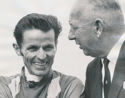 Then deputy premier Sir Arthur Rylah (right) being amusing with jockey J.J. Miller in 1969. No wonder Miller is laughing.