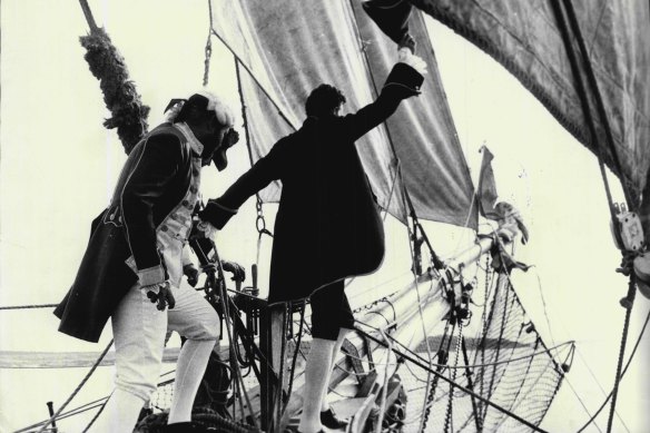 "Land Ho! A great moment of excitement and achievement for sailors of discovery.
These scenes from today's re-enactment vividly recreate the atmosphere that would have gripped Cook's Endeavour in Botany Bay." April 29, 1970.