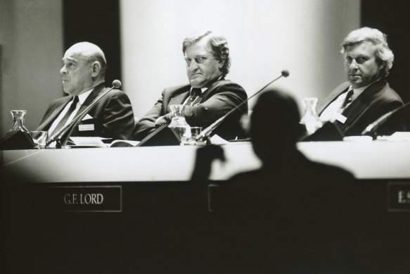 John Elliott listens as a shareholder questions the board at the Fosters annual general meeting in 1991. 