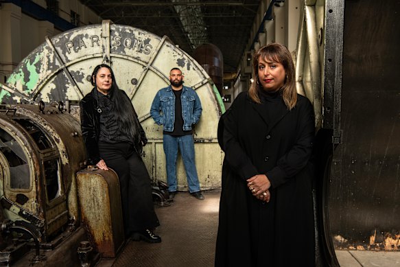 Artists Marian Abboud and Dennis Golding with Biennale of Sydney guest artistic director, Hoor Al Qasimi. 