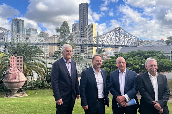 Adrian Schrinner (centre left) presented findings from a report carried out by the Story Bridge Restoration Committee, which included Peter Burnton (left), Graham McHugh (right), and chair Nigel Chamier (centre right).