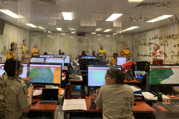 Cooma RFS operations room during morning briefing ahead of a tricky day in Monaro region.