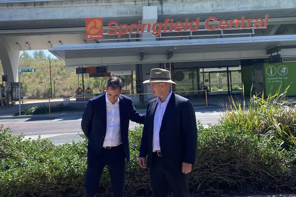 Labor’s Shadow treasurer Jim Chalmers (left) and Blair MP Shayne Neumann pitching the planned Springfield Central to Ipswich Central rail corridor.