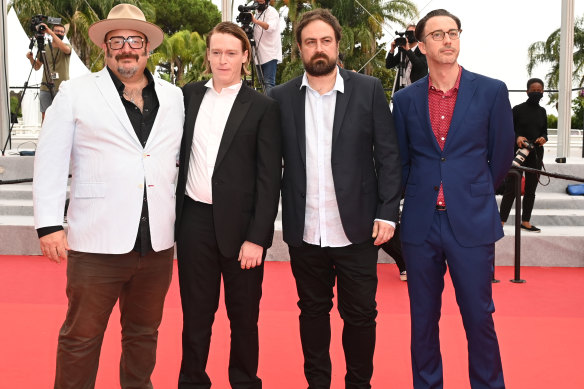 Producer Nick Batzias, actor Caleb Landry Jones, director Justin Kurzel and screenwriter Shaun Grant at the Cannes Film Festival premiere of Nitram.
