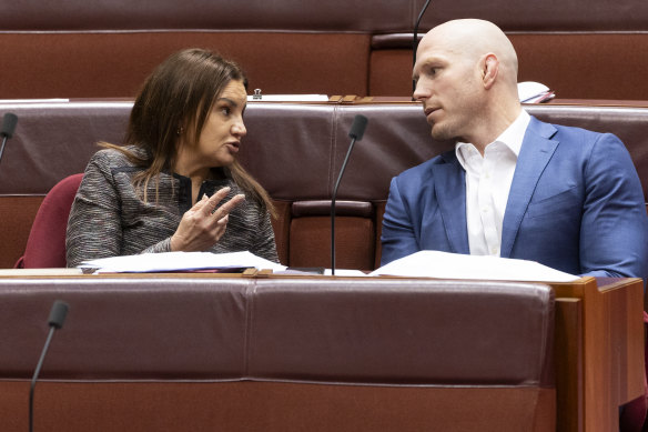 Senator Jacqui Lambie and Senator David Pocock in discussion.