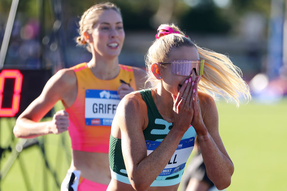 That winning feeling: Jess Hull reacts to her 1500m victory.