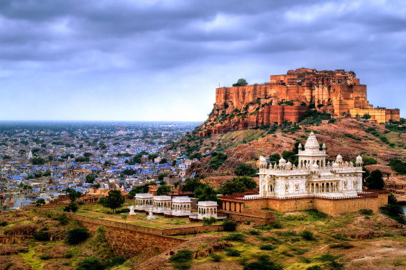 The royal cenotaphs stand out in blinding white marble against the barren landscape. 