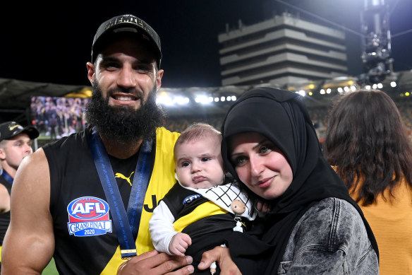 Bachar Houli after the 2020 grand final win with wife Rouba and son Mohamed, who was born in July.