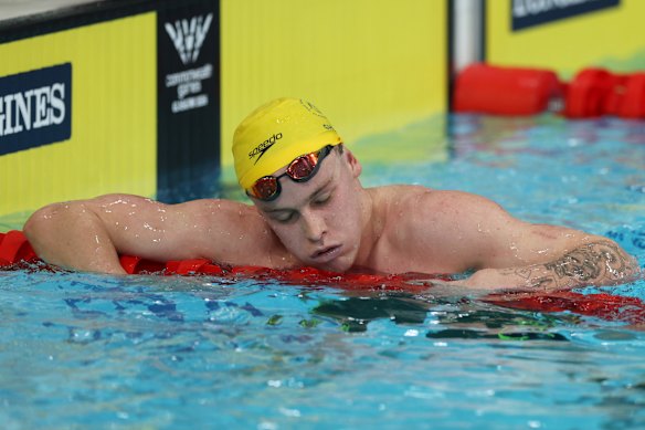 Exhaustion for Sam Short after winning the men’s 1500m freestyle at the Commonwealth Games.