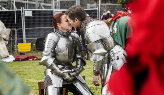 Stealing a kiss before a jousting display. The couple will be competing at Kryal Castle near Ballarat this weekend.