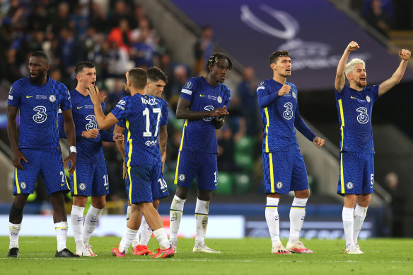 Chelsea teammates celebrate a Kepa Arrizabalaga save during the UEFA Super Cup penalty shootout in Belfast.