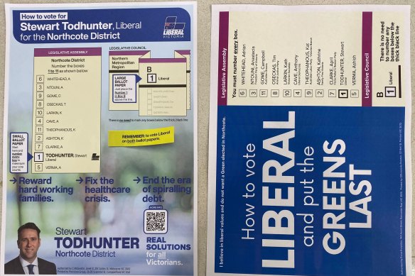 An official Liberal how-to-vote card for the seat of Northcote (left) beside an “alternative” flyer.