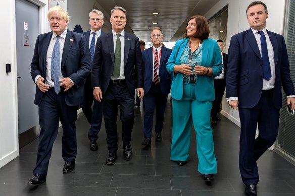 UK Prime Minister Boris Johnson and Australia’s Deputy Prime Minister Richard Marles tour BAE Systems training academy at the company’s shipyards in Barrow, England.