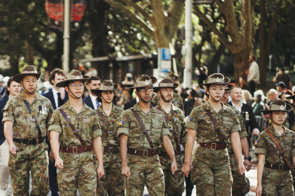 Army personnel march in the Anzac Day parade in Sydney.