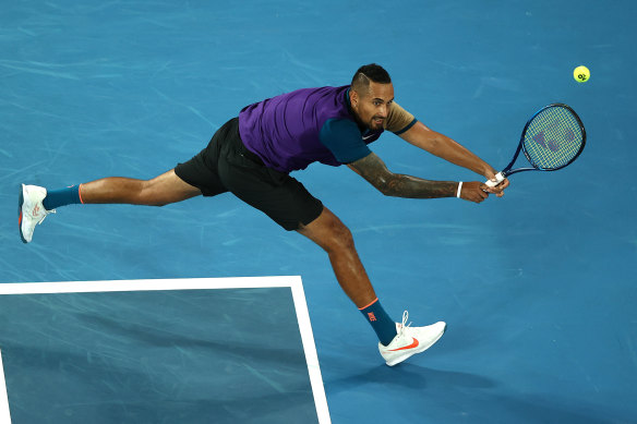 Nick Kyrgios stretches out during his win over Frederico Ferreira Silva.