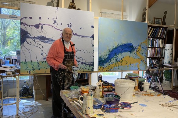 John Olsen continues working daily in his Southern Highlands studio. Here he is with some of his Sydney Harbour inspired work.