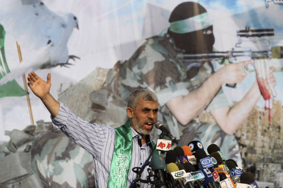 Yahya Sinwar talks during a rally in Khan Younis, southern Gaza Strip in 2011.