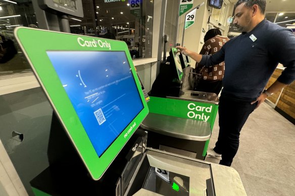 A Woolworths checkout in Sydney shows a dead screen during the CrowdStrike outage.