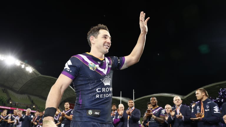 Fond farewell: Billy Slater bids farewell to fans on Friday night following his final appearance in Melbourne.