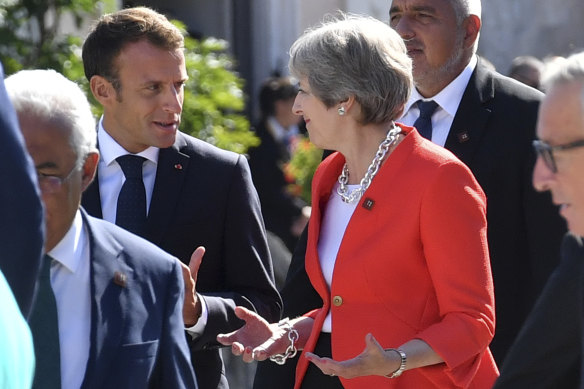 What to do?: French President Emmanuel Macron and British Prime Minister Theresa May in conversation in Salzburg, Austria, last week.