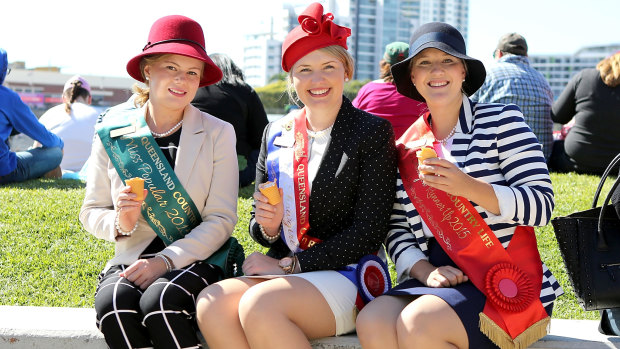Queensland Country Life showgirls Mkarla James, Michelle Mesner and Rikki Frazer at the Ekka in 2015.