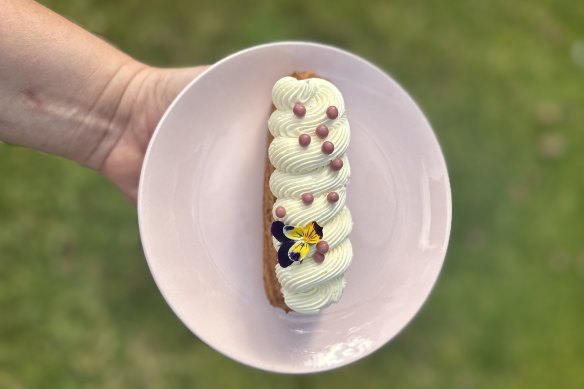 Blackcurrant and raspberry eclairs at Peaches Patisserie in Dorrigo. 