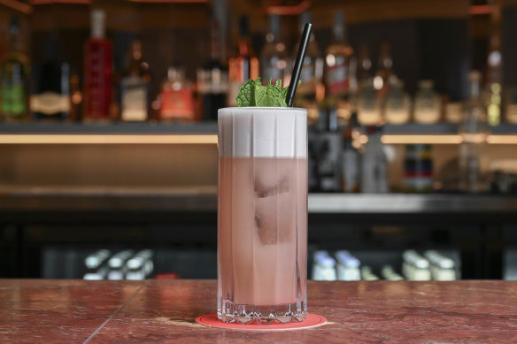 The Pink Panther cocktail made with gin, peach makgeolli (Korean rice wine), and rose and hibiscus syrup.