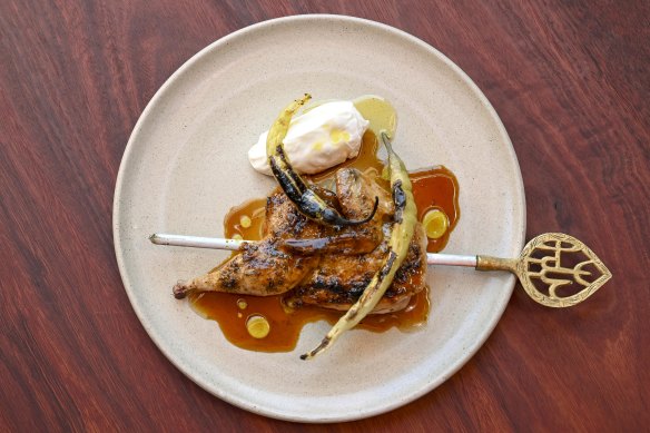 Quail skewer with sheep’s yoghurt and guindilla chilli.